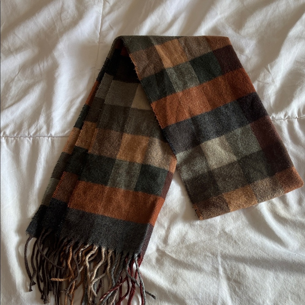 Men's Plaid Fringe Wool Blend Scarf - Brown Multi